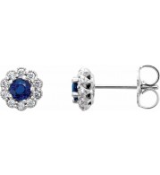 14K White 3.2 mm Round Blue Sapphire & 1/6 CTW Diamond Earrings