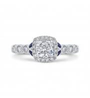 Shah Luxury 14K White Gold Cushion Cut Diamond Halo Engagement Ring with Sapphire (Semi-Mount)