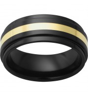 Black Diamond Ceramic Flat Band with Grooved Edges and 2mm 18k yellow gold Inlay