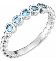 14K White Aquamarine Bezel-Set Beaded Ring