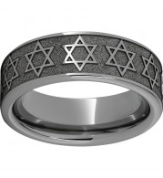 Rugged Tungsten  Pipe Cut Band with Star of David Laser Engraving