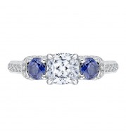 Shah Luxury 14K White Gold Cushion Diamond and Sapphire Three-Stone Engagement Ring (Semi-Mount)