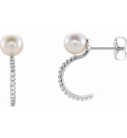 14K White Freshwater Cultured Pearl & 1/6 CTW Diamond Hoop Earrings