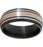 Black Zirconium Domed Band with 14K Rose Gold and Sterling Silver Inlays