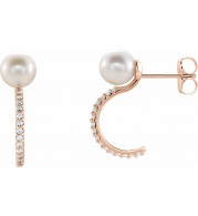14K Rose Freshwater Cultured Pearl & 1/6 CTW Diamond Hoop Earrings