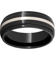 Black Diamond Ceramic Domed Band with Grooved Edges and Sterling Silver Inlay