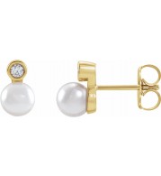 14K Yellow Akoya Cultured Pearl & 1/8 CTW Diamond Bezel-Set Earrings