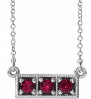 14K White Ruby Three-Stone Granulated Bar 16-18 Necklace