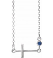 14K White Blue Sapphire Sideways Cross 16-18 Necklace