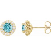 14K Yellow 4 mm Round Blue Zircon & 1/8 Diamond Earrings