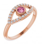 14K Rose Pink Tourmaline & White Sapphire Evil Eye Ring