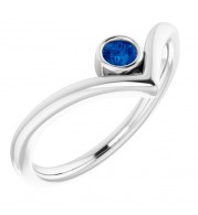 14K White Blue Sapphire Solitaire Bezel-Set V Ring