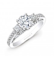 18k White Gold Pave Prong and Bezel Round Diamond Engagement Ring with Side Stones