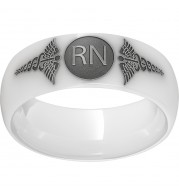 White Diamond Ceramic Domed Band with Laser Engraving of Caduceus & Registered Nurse Initials