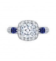 Shah Luxury 14K White Gold Cushion Cut Diamond Halo Engagement Ring with Sapphire (Semi-Mount)