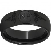 Black Diamond Ceramic Domed Band with Laser Engraving of Caduceus & Nurse Practitioner Initials