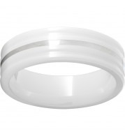 White Diamond CeramicFlat Ring with Rounded Edges and a 1mm Sterling Silver Inlay