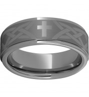 Rugged Tungsten  8mm Flat Grooved Edge Band with Cross Knot Laser Engraving