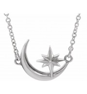 Platinum Crescent Moon & Star 16-18 Necklace