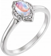 14K White Rainbow Moonstone & .03 CTW Diamond Clover Cabochon Ring