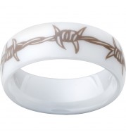 White Diamond CeramicDomed Ring with a Barbwire Laser Engraving