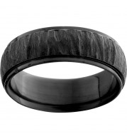 Black Zirconium Domed Band with Grooved Edges and Black Bark Finish