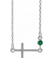 14K White Emerald Sideways Cross 16-18 Necklace