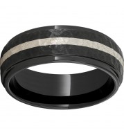 Black Diamond Ceramic Domed Grooved Edge Band with a 2mm Sterling Silver Inlay and Moon Finish