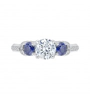 Shah Luxury 14K White Gold Euro Shank Round Diamond and Sapphire Three-Stone Engagement Ring (Semi-Mount)