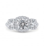 Shah Luxury 14K White Gold Round Cut Diamond Three-Stone Halo Engagement Ring (Semi-Mount)