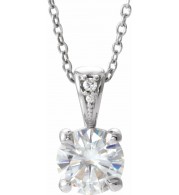 14K White 6.5 mm Round Forever Oneu2122 Moissanite & .01 CTW Diamond 16-18 Necklace