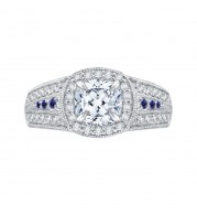 Shah Luxury 14K White Gold Cushion Diamond and Sapphire Halo Engagement Ring (Semi-Mount)
