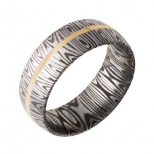Jewelry Innovations Damascus Stainless Steel Domed Band with a 1mm 14K Yellow Gold Inlay