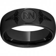 Black Diamond Ceramic Domed Band with Laser Engraving of Caduceus & Registered Nurse Initials