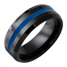 Jewelry Innovations Black Ceramic Beveled Edge Band with Thin Blue Line Inlay