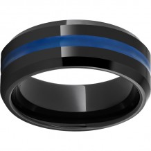 Black Diamond Ceramic Beveled Edge Band with Thin Blue Line Inlay