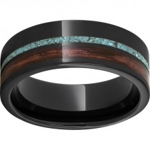 Black Diamond Ceramic Pipe Cut Band with Off-Center Cabernet Barrel Aged Inlay and Turquoise Inlay