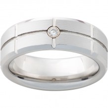 Serinium Beveled Edge Band with One .06 Round Brilliant Diamond, Rectangular Grooves and Satin Finish