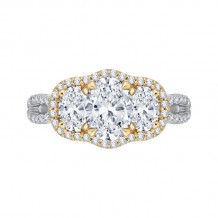 Shah Luxury 14K Two-Tone Gold Oval Cut Diamond Three-Stone Halo Engagement Ring (Semi-Mount)