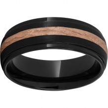 Black Diamond Ceramic Domed Grooved Edge Band with a 2mm 14K Rose Gold Bark Finish Inlay and Stone Finish