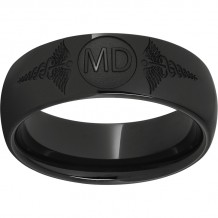 Black Diamond Ceramic Domed Band with Laser Engraving of Caduceus & Medical Doctor Initials