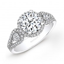 14k White Gold White Diamond Halo Engagement Ring with Pear Shaped Side Stones