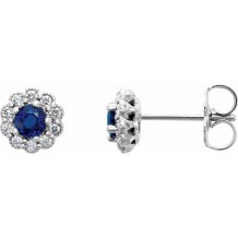 14K White 3.2 mm Round Blue Sapphire & 1/6 CTW Diamond Earrings