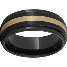 Black Diamond Ceramic Flat Grooved Edge Band with a 2mm 18K Yellow Gold Inlay and Stone Finish