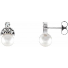 14K White Freshwater Pearl & .06 CTW Diamond Earrings