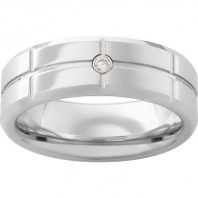 Serinium Beveled Edge Band with One .06 Brilliant Round Diamond, Rectangular Grooves and Polish Finish