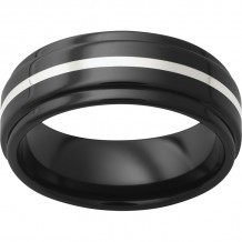 Black Diamond Ceramic Flat Band with Grooved Edges and a 1mm Sterling Silver Inlay
