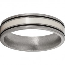 Titanium Flat Band with a 2mm Sterling Silver Inlay, Two .5mm Grooves with antiquing, and Satin Finish