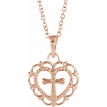 14K Rose Youth Heart with Cross 16-18 Necklace