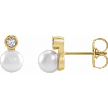 14K Yellow Akoya Cultured Pearl & .06 CTW Diamond Bezel-Set Earrings
